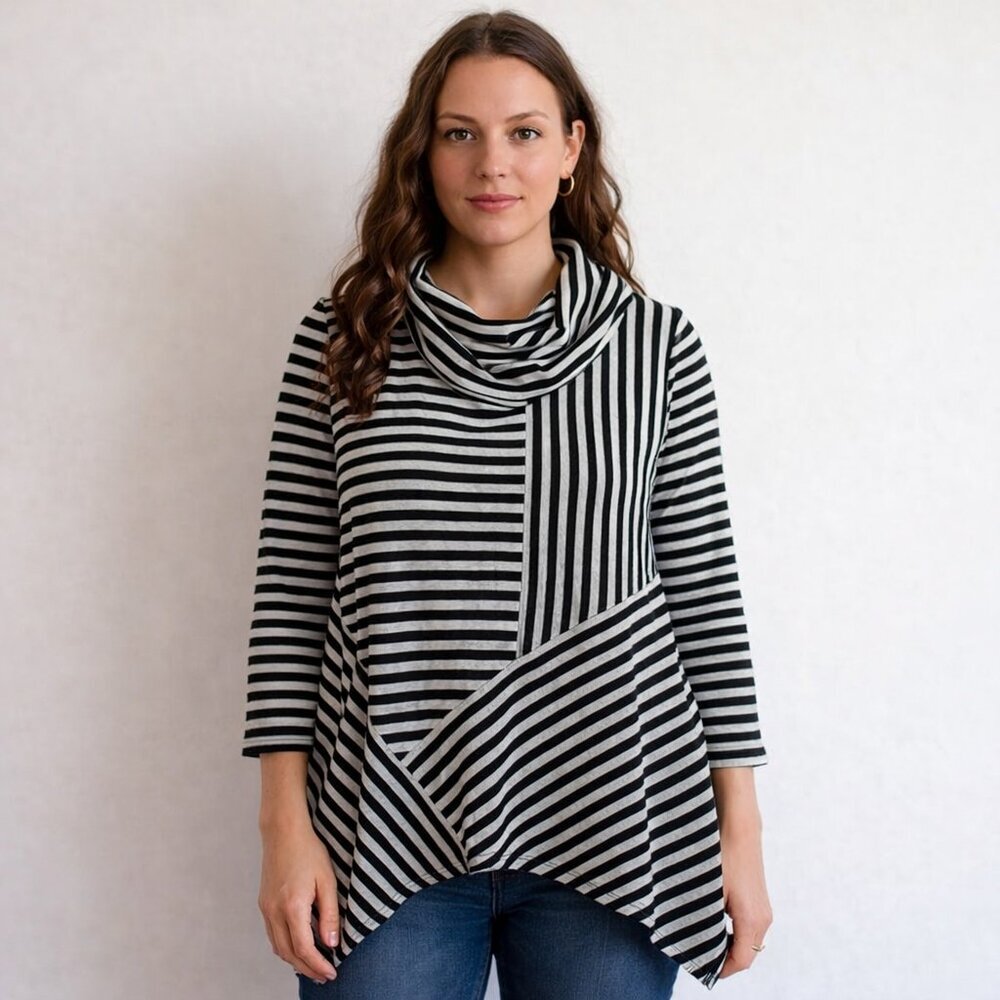 Premise Studio Top size M Black Striped Long Sleeve Asymmetric Hem Cowl Neck